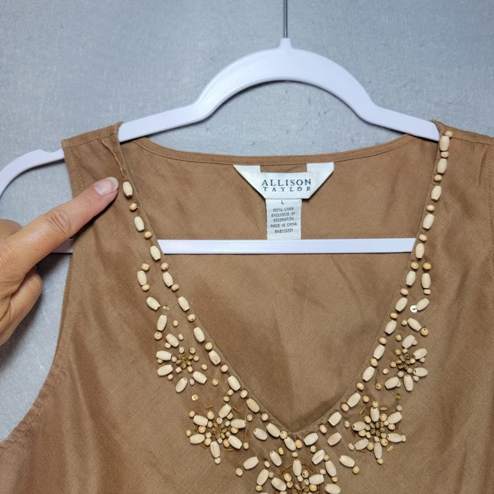 Allison Taylor Linen Tank‎ Top Womens L Beaded Sequin Tank Top Neutral Natural - Picture 5 of 12